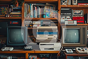 Retro gaming setup with classic consoles and vintage objects