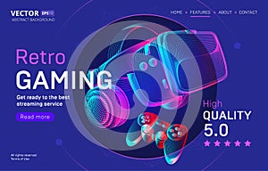 Retro gaming streaming service landing page template with VR helmet and gamepad. Outline vector illustration of headset and