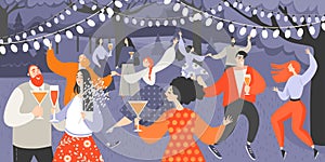 Retro garden party with people dancing and drinking wine. Cartoon characters having fun in the park at night