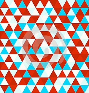 Retro geometric triangle seamless repeating background pattern. Mosaic of various shades in red white and blue