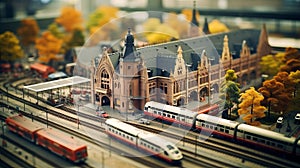 Retro German Railway: Diorama of Trains and Historic Station Building