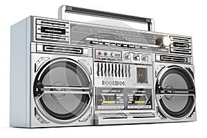 Retro ghetto blaster boombox, radio and audio tape recorder isolated on white