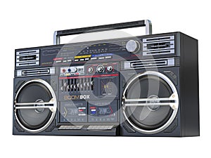 Retro ghetto blaster boombox, radio and audio tape recorder isolated on white