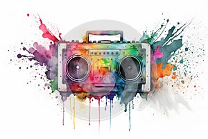 Retro ghetto blaster isolated on white with rainbow watercolor splash. Neural network AI generated