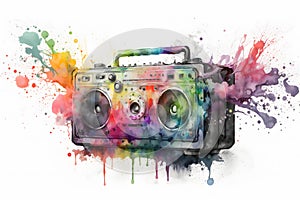 Retro ghetto blaster isolated on white with rainbow watercolor splash. Neural network AI generated