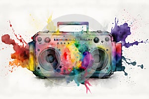 Retro ghetto blaster isolated on white with rainbow watercolor splash. Neural network AI generated