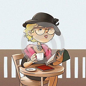 Retro girl in glasses and a hat at a table in a cafe.