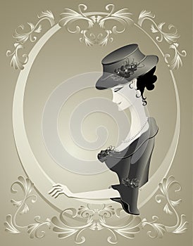 Retro Girl in hat with flowers in frame