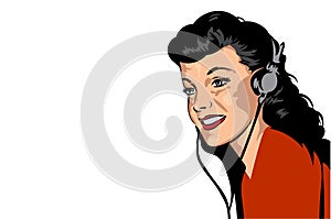 Retro girl listen music in her headphone, vector image