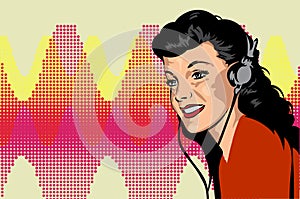 Retro girl listen music in her headphone, vector image