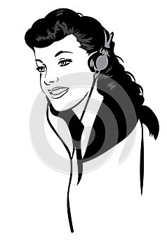 Retro girl listen music in her headphone, vector image