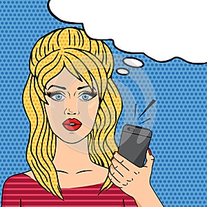 Retro girl with mobile phone pop art comic style, speech bubble