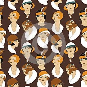 Retro girl portraits seamless pattern