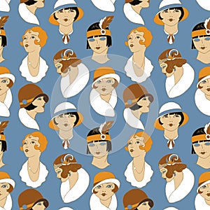 Retro girl portraits seamless pattern