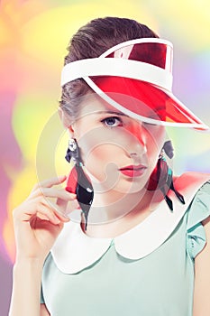 Retro girl in red sun visor