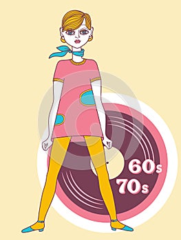 Retro girl 60`s. Vector young woman twiggy style wearing in fashion short retro pink dress on yellow background for print or desi photo