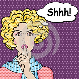 Retro girl says Shhh pop art comics style. Vector blond curly woman putting her forefinger on lips for quiet silence. Shhh gesture