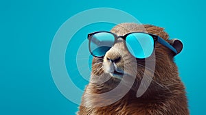 Retro Glamor: Beaver Wearing Sunglasses On Blue Background