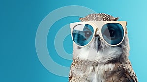 Retro Glamor: Owl Wearing Sunglasses On Blue Background