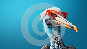 Retro Glamor: Pelican Wearing Sunglasses On Blue Background