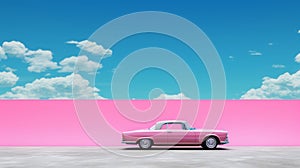 Retro Glamor: Pink Car In Front Of Dynamic Color-field Wall