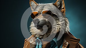Retro Glamor: Wolf Wearing Sunglasses On Blue Background