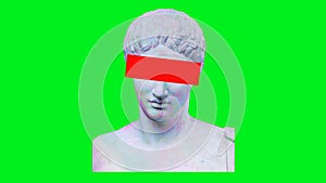 Retro glitch effect collage of a statue in holographic colors with a red rectangle on the eyes and on a background of analog