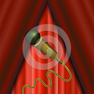 Retro Gold Microphone Icon Isolated on Red Curtain Background