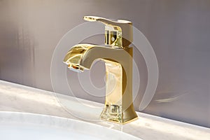 Retro golden classic bathroom interior, clean bright stylish designer modern bathroom