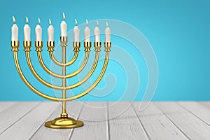 Retro Golden Hanukkah Menorah with Burning Candles. 3d Rendering