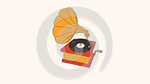Retro Gramophone record player. Loop Video flat cartoon animation design element.