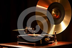 Retro gramophone with vinyl record close-up