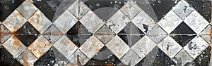 Retro Gray and White Patchwork Chessboard Wall with Lozenge Patterned Tiles on Shabby Concrete Background - Seamless Texture