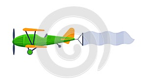 Retro Green Biplane with Blank Banner Flying in the Sky, Air Vehicle with White Ribbon for Advertising Flat Vector