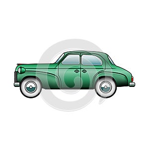Retro green cartoon car isolated on white background. Transport vehicle. Template of classic car for design, vehicle branding,