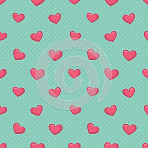 Retro Green Polka Dot with Pink Hearts Seamless Pattern Vector Illustration