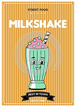 Retro groovy cartoon character fast food poster. Vintage mascot milkshake with psychedelic smile and emotion. Funky