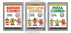 Retro groovy cartoon character fast food posters set. Vintage mascot Hamburger, Pizza, Hot dog, drink, french fries with