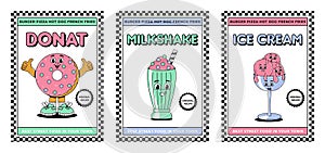 Retro groovy cartoon character fast food posters set. Vintage mascot ice cream, milkshake, donat with psychedelic smile