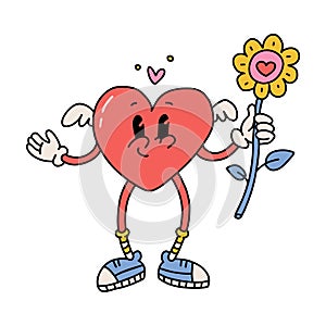 Retro groovy cartoon character Red heart with big flower. groovy 70s mascot for poster, card, print, and itc