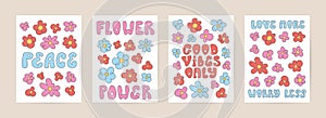 Retro groovy cartoon hippie cards set. Trippy poster with psychedelic flowers, quotes for print. Flower power. Love more