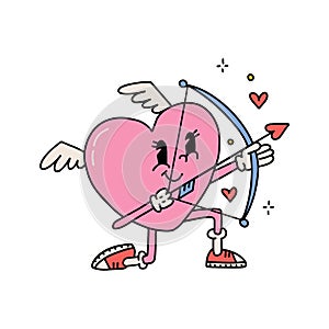 Retro groovy cartoon lovely heart mascot. Valentines Day cute character with bow and arrow. Heart cupid person for