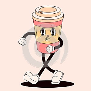 Retro groovy character in the form of a disposable cup. Walking cartoon masco. Hand drawn vector illustration isolated