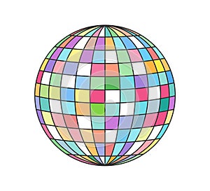Retro groovy disco ball. Vintage hippie cartoon colorful mirrored discotheque sphere sticker. Hippy style trendy y2k