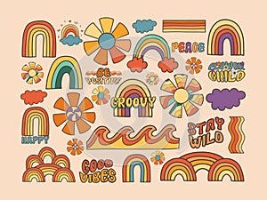 Retro groovy elements vector set hippie, flower, rainbow, peace, happy, daisy