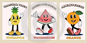 Retro groovy fruit character. Retro groovy summer posters set. Cartoon summer 60s, 70s stickers, stamps or patches.