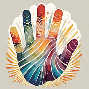 Retro groovy hand print painted in rainbow colors. World Autism Awareness Day. Children\'s Day
