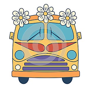 Retro groovy hippie bus with daisies. Vintage travel van. Cartoon 60s, 70s