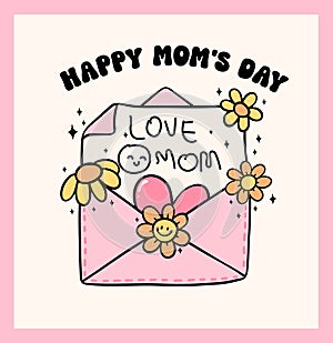 Retro Groovy Mothers Day card love mom letter Doodle Drawing Vibrant Pastel Color for funny sarcastic Greeting Card and Sticker, photo