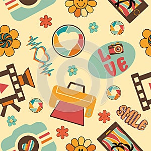 Retro groovy photography elements vector seamless pattern